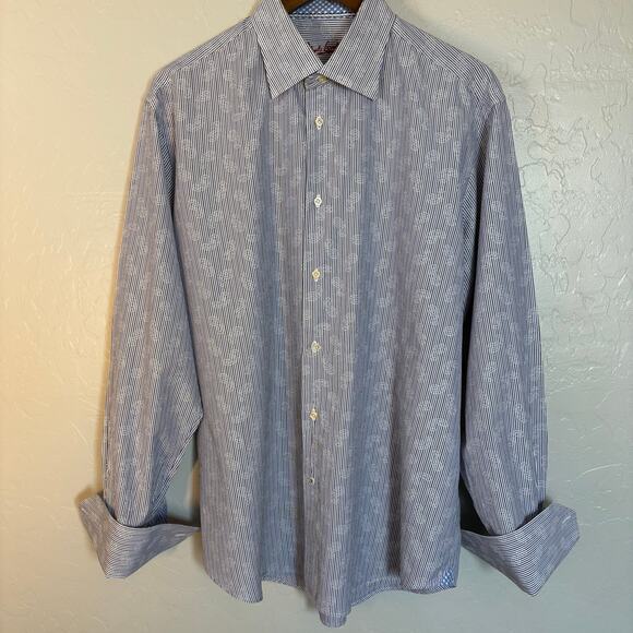 Robert Graham Other - Robert Graham Men XL 44 Blue Stripe Paisley Jacquard Shirt Flip Cuff Cotton